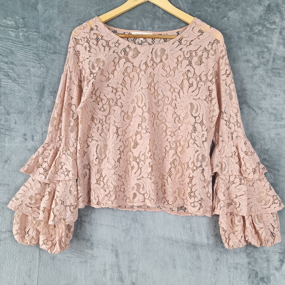 Womens Top Small Pink Boho Embroidered Tiered Bell Sleeve Romantic Floral Fairy